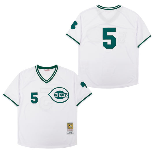 Cincinnati Reds #5 Johnny Bench Reds 5 White Pullover Green Retro