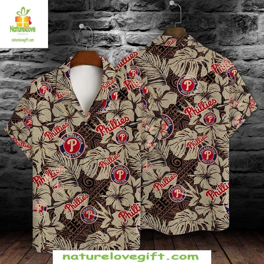 MLB Phillies Hawaiian Shirt Classic Beige Baseball Logo Aloha Shirt