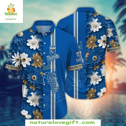 MLB Royals Hawaiian Shirt Blue White Daisy Aloha Baseball Apparel