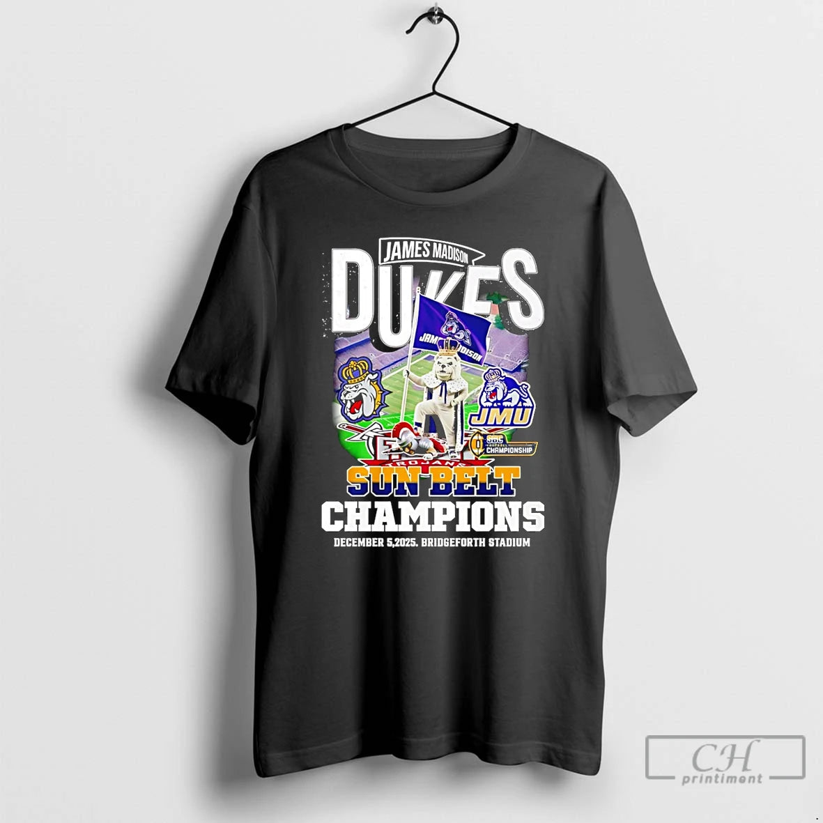 Classic James Madison Dukes 2025 Sun Belt Champions Mascot T-Shirts, Hoodie, Sweatshirt | InkThreadWorks.com