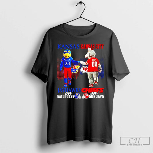 Classic Kansas Jayhawks Saturdays Vs Kansas City Chiefs Sundays Mascot Skyline T-Shirts, Hoodie, Sweatshirt