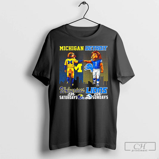 Classic Michigan Wolverines Saturdays Vs Detroit Lions Sundays Mascot Skyline T-Shirts, Hoodie, Sweatshirt