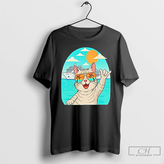 Classic Tabby Cat Wearing Sunglasses Behind Yacht Holiday Funny T-Shirts, Hoodie, Sweatshirt | InkThreadWorks.com