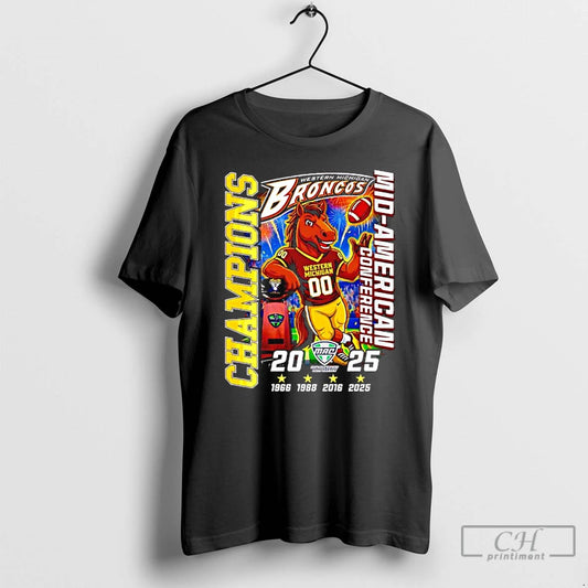 Classic Western Michigan Broncos 2025 Mid American Conference Champions Mascot Years T-Shirts, Hoodie, Sweatshirt