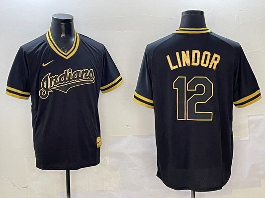 Cleveland Guardians #12 Francisco Lindor Indians Black Gold Adult
