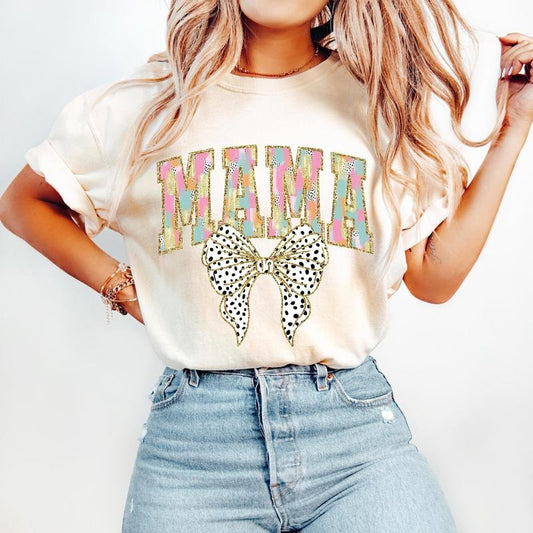 Colorful Coquette Mama T-Shirt, Gift for Mom, Bright Color Mama Coquette Bow Dalmatian Dots, brushstroke, Mama Varsity...