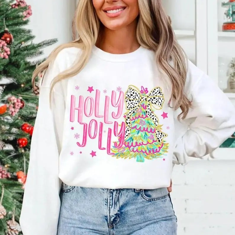 Colorful Glitter Holly Jolly Sweatshirt, Christmas T-Shirt, Glitter Coquette Christmas Tree T-Shirt, Christmas Coquette...