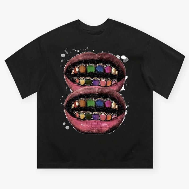 Colorful Grills Art Illustration-style Black T-shirt, Y2k Clothing, Unisex Cotton Crewneck T-Shirt