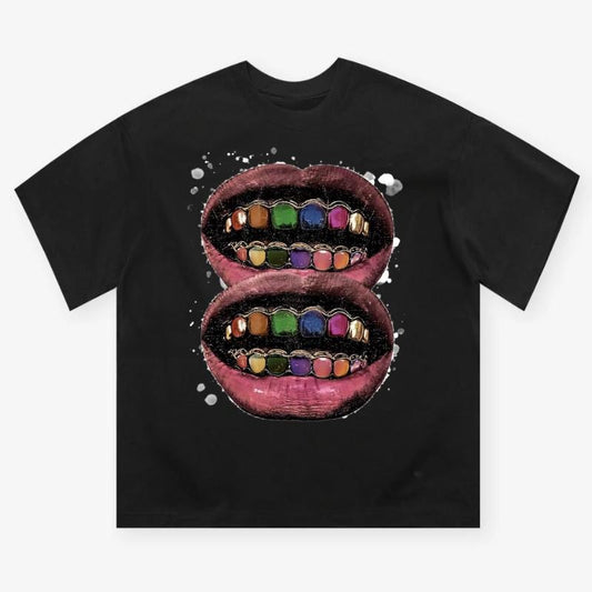 Colorful Grills Art Illustration-style Black T-shirt, Y2k Clothing, Unisex Cotton Crewneck T-Shirt