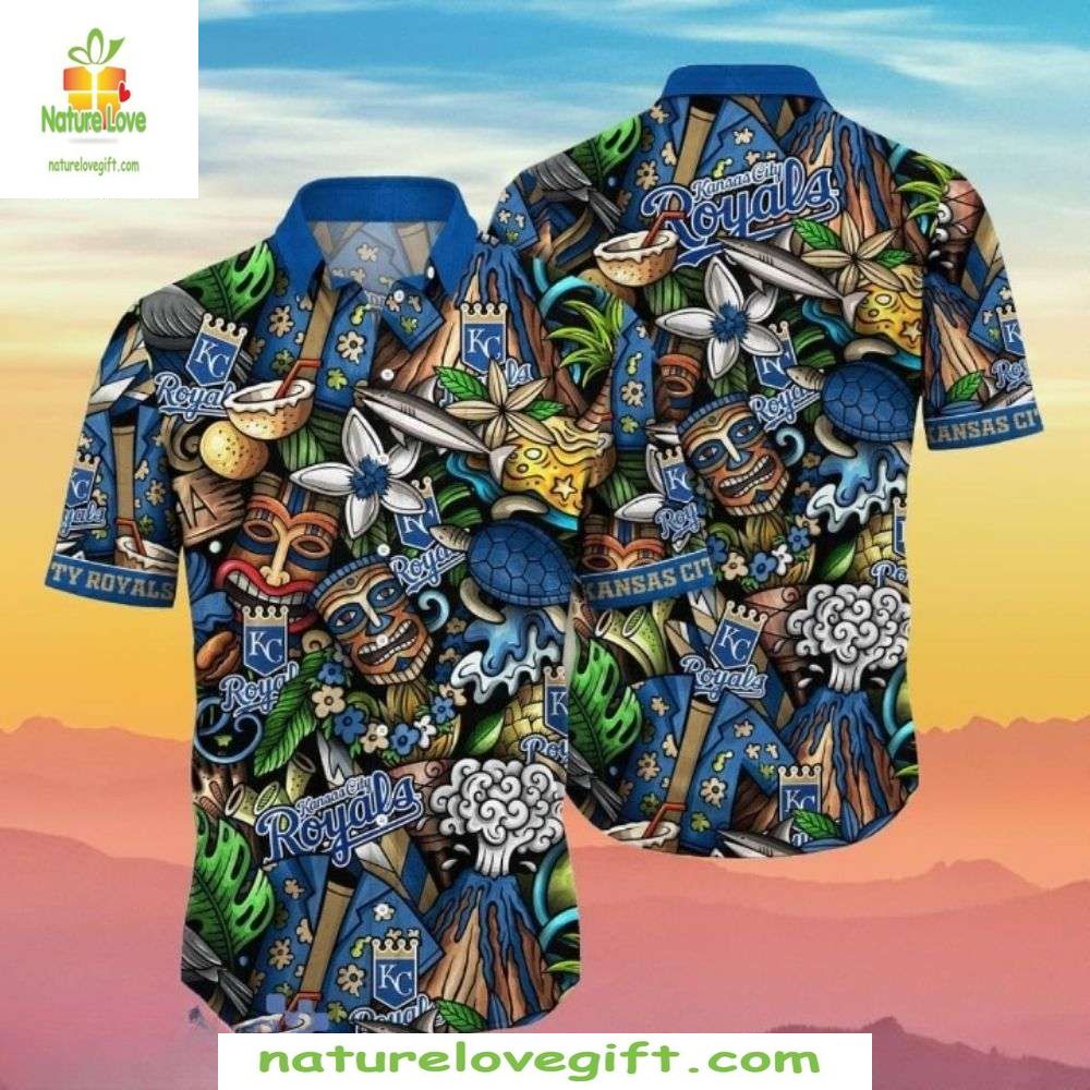 KC Royals Hawaiian Shirt Colorful Tiki Hibiscus Baseball Apparel ID3LWSW5