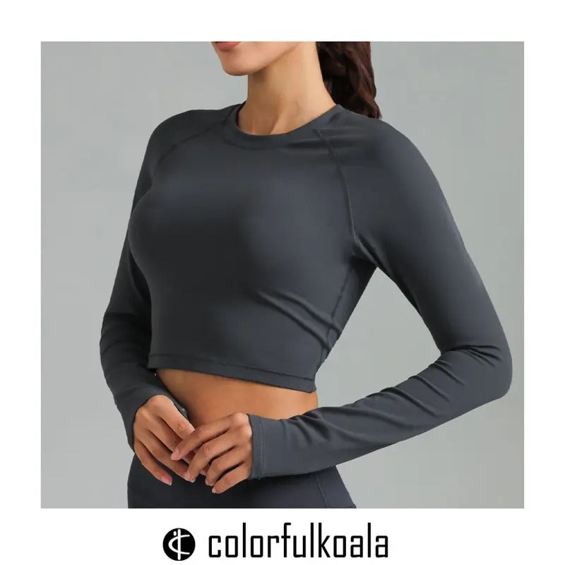 Colorfulkoala Women's Dreamlux Cropped Long Sleeve Top with Thumbholes Raglan Sleeves Athletic Yoga Shirt Hoodie, Sweatshirt