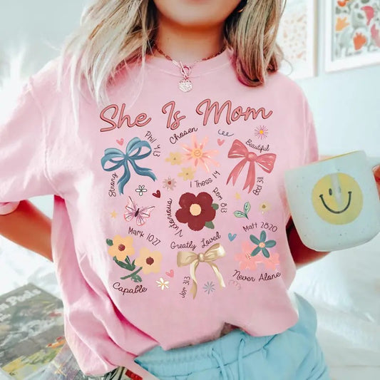 Comfort Color Boho Floral Mama T-shirt, She is Mom Shirt, Mothers Day Tees, Floral Spring T-shirt, Bible Verse Tees, Mama...