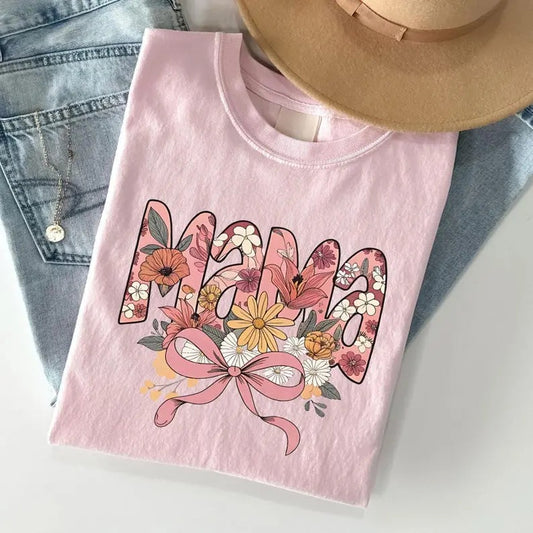 Comfort Color Floral Coquette T-shirt, Pink Bow Tee Floral Mama T-shirt, Vintage Floral Tee, Mothers Day Gifts, Retro...