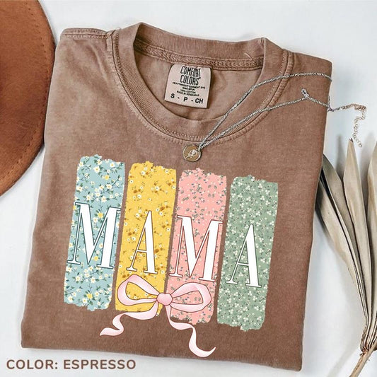 Comfort Color Floral Mama Coquette Bow T-shirt, Mothers Day Tee, Mama Varsity Shirt, Floral Spring T-shirt, Gift For Mom, Boho Mama Shirt , Graphic Tee