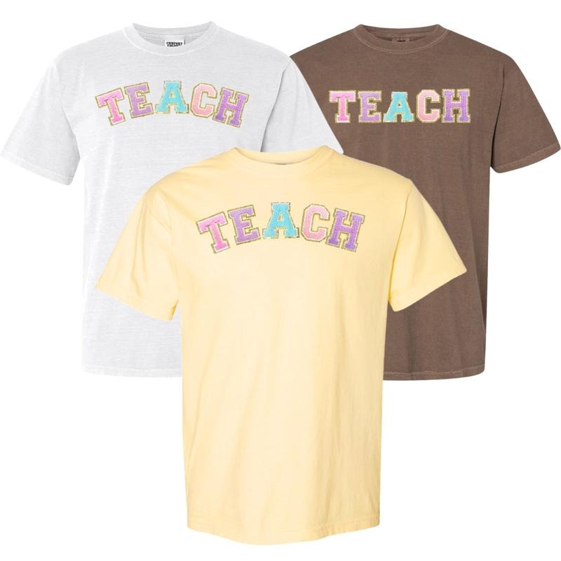 Comfort Colors 'Teach' Letter Patch T-Shirt for Men Spring Personalized Purple Pink White Top Students Love Hoodie,...