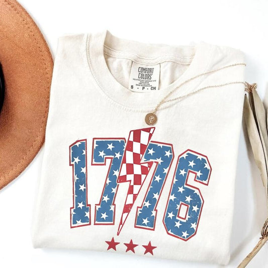 Comfort Colors 1776 Lighting, 4th of July T-Shirt, USA Tee, Summer T-Shirt, Red White and Blue, America T-shirt, Womens...