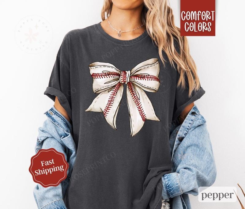 Comfort Colors Baseball Bow T-Shirt, Baseball Game Day T-Shirt for Women, Baseball Season Shirt, Baseball Mom T-Shirt,...