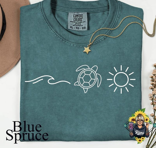 Comfort Colors Blue Spruce Ocean Themed Unisex Tshirt in Summer Style Featuring Turtle Sun & Wave Design Soft Preshrunk...