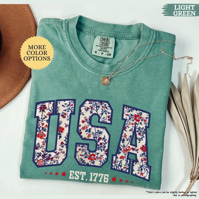 Comfort Colors Floral USA Shirt, American Girl Shirt, USA Est 1776 Shirt, Girly 4th of July Shirt, Patriotic Women Shirt, Flower USA Shirt