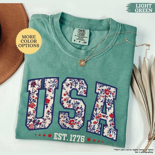 Comfort Colors Floral USA Shirt, American Girl Shirt, USA Est 1776 Shirt, Girly 4th of July Shirt, Patriotic Women Shirt, Flower USA Shirt