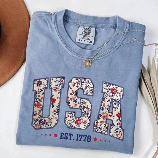 Comfort Colors Floral USA T-shirt, Retro America Tee, 4th Of July T-shirt, 4th Of July Sublimation, America Coquette,...