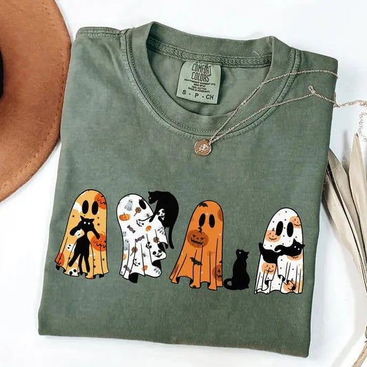 Comfort Colors Ghost Cat Shirt, Halloween Ghost Shirt, Black Cat Shirt, Spooky Season Tee, Cat Lover Gift, Happy...