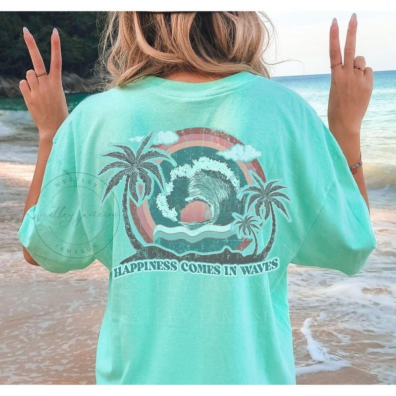 Comfort Colors Happiness Comes in Waves Summer Vibes, Wave Design Tee, Beach Lover Gift, Coastal Lifestyle, Trendy Summer...