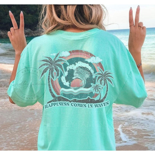 Comfort Colors Happiness Comes in Waves Summer Vibes, Wave Design Tee, Beach Lover Gift, Coastal Lifestyle, Trendy Summer...
