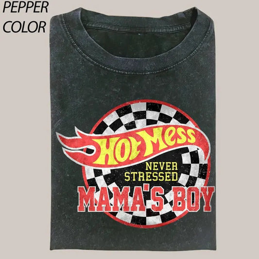 Comfort Colors Hot Mess Mama Boy Stressed Vintage Graphic Shirt, Bleached Mom T-Shirt, Boy Mama Race Car Mom Shirt, Mother Day Gift