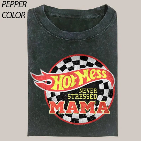 Comfort Colors Hot Mess Mama Never Stressed Vintage Graphic Shirt, Bleached Mom T-Shirt, Boy Mama Race Car Mom Shirt, Mother Day Gift