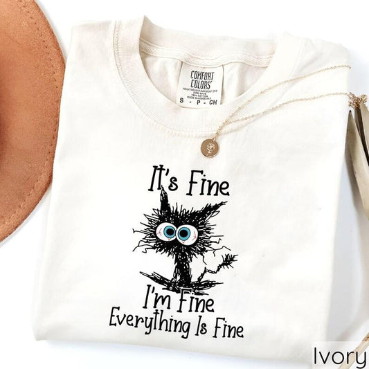 Comfort Colors It's Fine I'm Fine Everything Is Fine T-shirts, Comfort Colors Shirts, Funny Black Cat Tees, Motivational Shirts, Mental Shirts, Cat Lovers