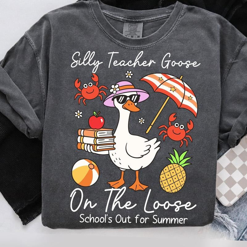 Comfort Colors Last Day of School Teacher Goose T-Shirt, Schools Out For Summer Silly Goose Teacher Shirt, End of Year...