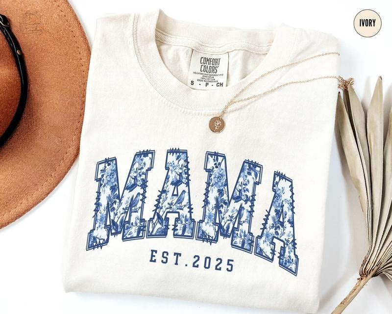 Comfort Colors Mama Est. T-Shirt, Toile De Jouy Custom Mama T-Shirt, Personalized Mothers Day Guft, New Mom Baby...