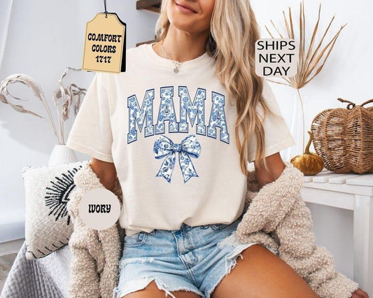Comfort Colors Mama Shirt, Blue Ribbon Shirt, Mothers Day Gift, Aesthetic Gift For Mom, Cute Mom Shirt, Toile Bow Shirt,...