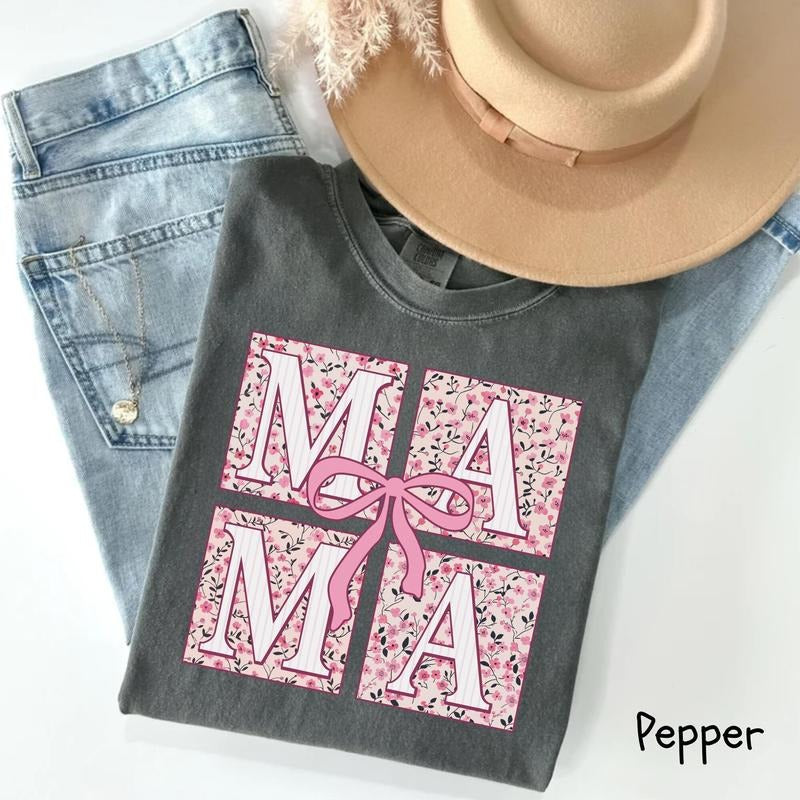 Comfort Colors Mama T-Shirt, Pink Ribbon T-Shirt, Mothers Day Gift, Girly Aesthetic Gift For Mom, Floral Mom Shirt, Bow...