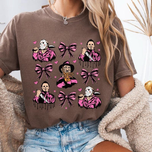 Comfort Colors Pink Halloween Coquette Women's Short Sleeve Casual Cotton Graphic Tshirt with Durable Double-Needle Stitching and Soft-Washed Garment-Dyed Fabric