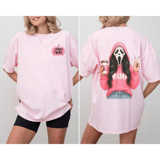 Comfort Colors Pink Spooky Mama Matching Halloween Shirt 2-Sided, Ghost Mama Crewneck, Gift for Mom, Pumpkin Mama Shirt,...