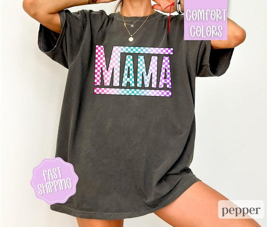 Comfort Colors Retro Checkered Mama Graphic Tee, Comfort Colors Mama Checkered T-Shirt, Comfort Colors Mama T-Shirt, Motherhood T-Shirt, New Mom