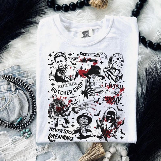 Comfort Colors Retro Halloween Characters Women's Short Sleeve Tee with Classic Horror Icons Design