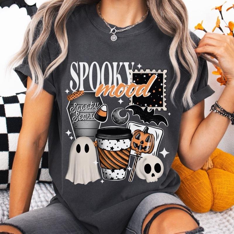 Comfort Colors Spooky Mood Women's Short Sleeve Casual Cotton Graphic Tshirt with Halloween Design