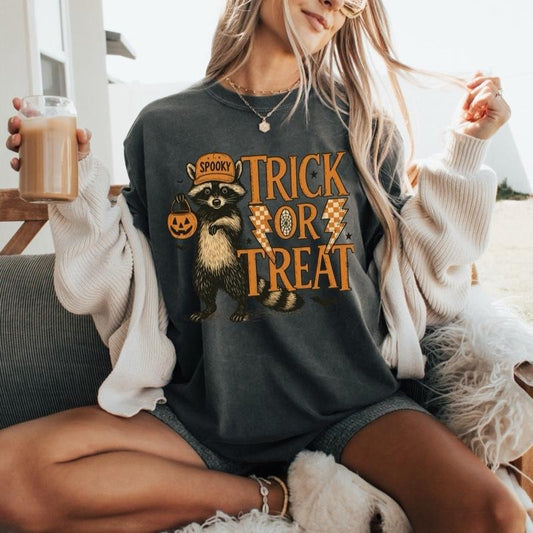 Comfort Colors Trick or Treat Funny Racoon Short Sleeve Casual Cotton Graphic Tshirt for Women Halloween Design