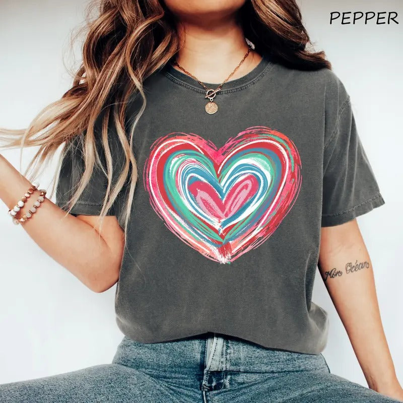Comfort Colors Valentines Day Heart Shirt, Brushstroke Heart Shirt, Coquette Valentine Shirt, Lover Gift Tee Cotton...