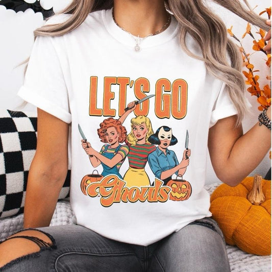 Comfort Colors Vintage Halloween Go Ghouls Women's Short Sleeve Casual Cotton Graphic Tshirt Soft Washed Garment Dyed Durable Double Needle Stitching Unisex Sizing