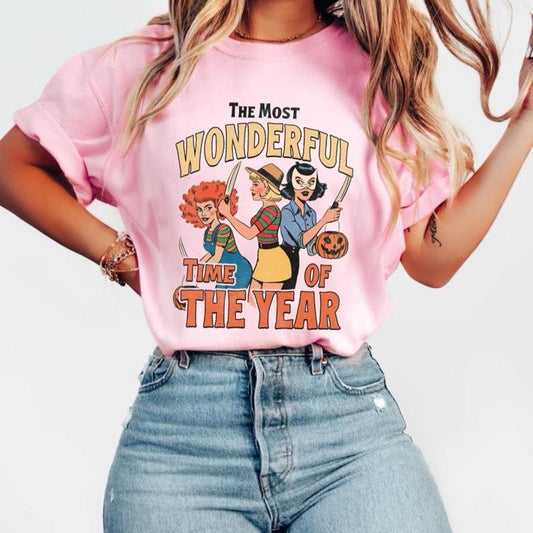 Comfort Colors Vintage Pink T-Shirt with "The Most Wonderful Time of the Year" Graphic Design for Halloween -  Womenswear Crewneck Shortsleeve  Casual Top