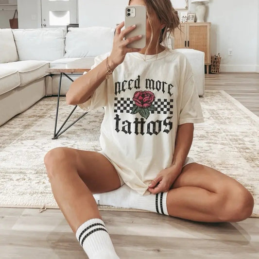 Comfort Colors Women's Need More Tattoos Short Sleeve Casual Cotton Graphic Tshirt, White, Comfortable Fit, Womenswear - Top