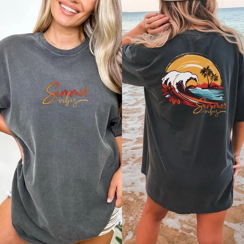 Comfort Colors Women's Summer Vibes Short Sleeve Casual Cotton Graphic T-Shirt - Crewneck, Summer Wears - Womenswear, Streetwear, Tshirt, Top