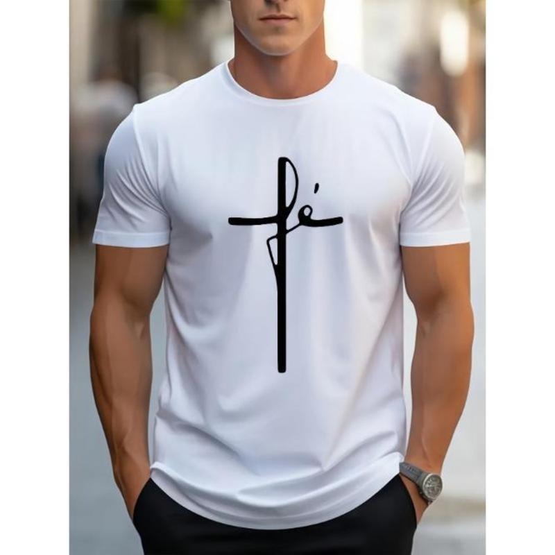 Comfy Cross Print Short Sleeve Tee - Men's Casual T-Shirts - Elastic Crew Neck, Breathable, Moisture-Wicking,...