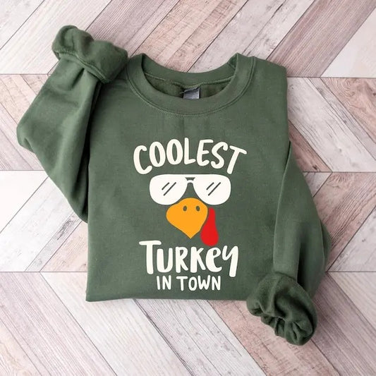 Coolest Turkey In Town Sweatshirt, Funny Turkey Face Shirt, Cool Fall Hoodie, Family Thanksgiving Gift Casual Classic Collar Cotton Jersey Knit