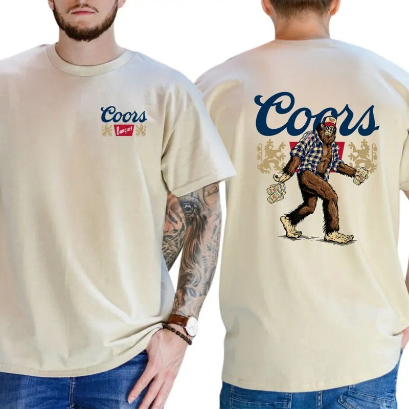 Coors Banquet Bigfoot T-Shirt - Fun Sasquatch Graphic with Classic Beer Branding, Perfect for Beer Lovers and Outdoor Enthusiasts, Menswear Tops