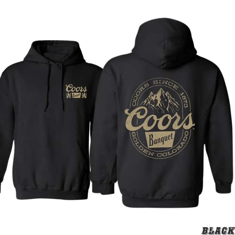 Coors Banquet Hoodie, Classic and Rugged Design Featuring Retro Coors Logo with Mountain Graphics, For Men, For Women